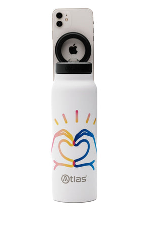 Atlas Hydrate 24oz Phone Mount Flask - White | National Autistic Society x Christine McGuinness Edition | Atlas Hydrate - Smart Magnetic Reusable Stainless - Steel Water Bottle with Phone Mount | Sustainable Lifestyle Hydration Flask UK