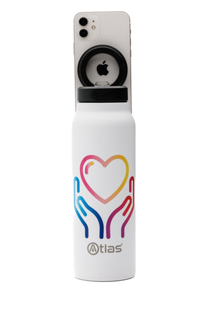 Atlas Hydrate 24oz Phone Mount Flask - White | National Autistic Society x Tom Malone Jr. Edition | Atlas Hydrate - Smart Magnetic Reusable Stainless - Steel Water Bottle with Phone Mount | Sustainable Lifestyle Hydration Flask UK