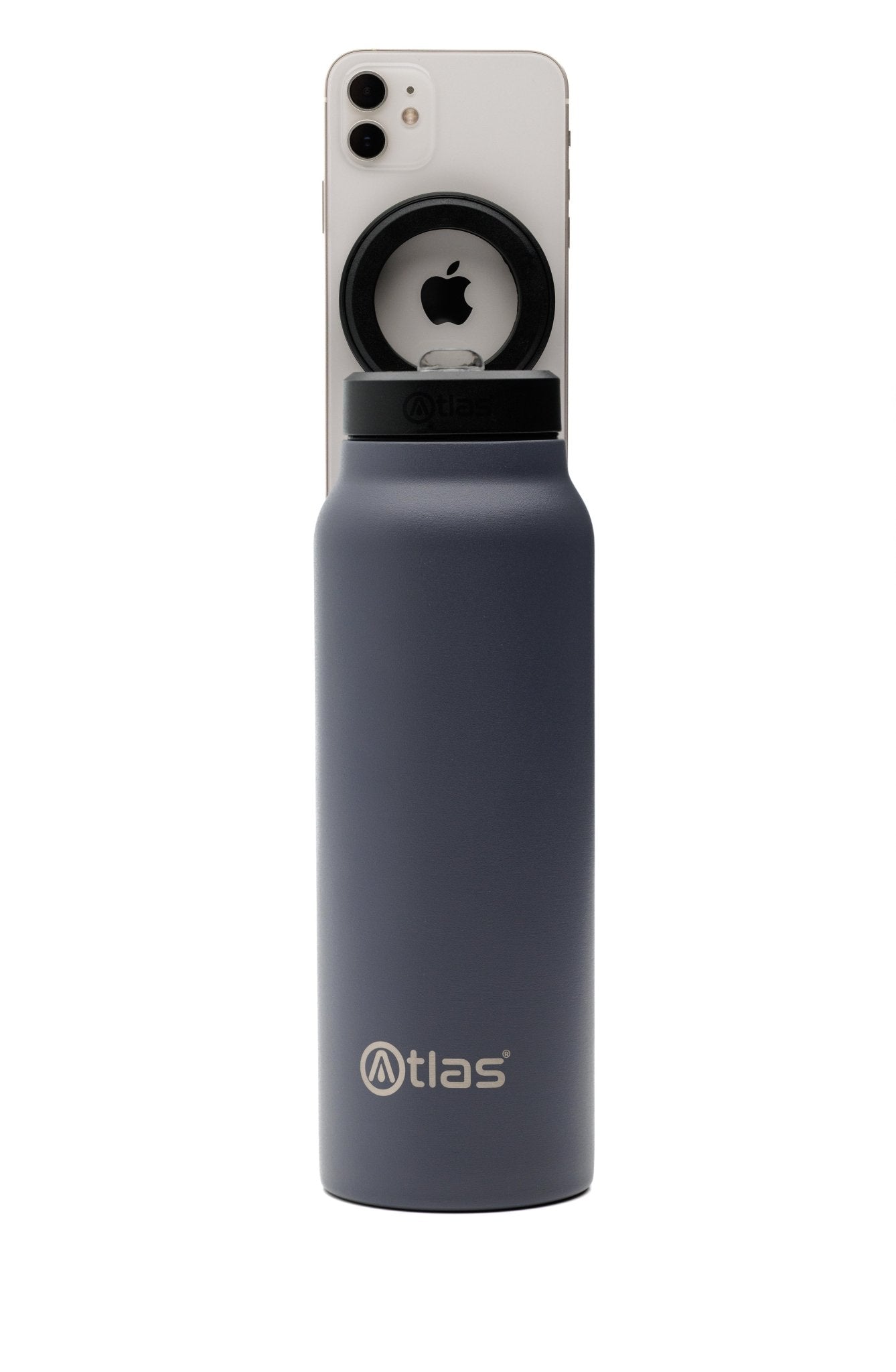 Atlas Hydrate 24oz Phone Mount Flask - Midnight Grey | Reusable Insulated Bottle | Atlas Hydrate - Smart Magnetic Reusable Stainless - Steel Water Bottle with Phone Mount | Sustainable Lifestyle Hydration Flask UK
