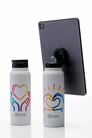 Atlas Hydrate 24oz Phone Mount Flask - White | National Autistic Society x Tom Malone Jr. Edition | Atlas Hydrate - Smart Magnetic Reusable Stainless - Steel Water Bottle with Phone Mount | Sustainable Lifestyle Hydration Flask UK