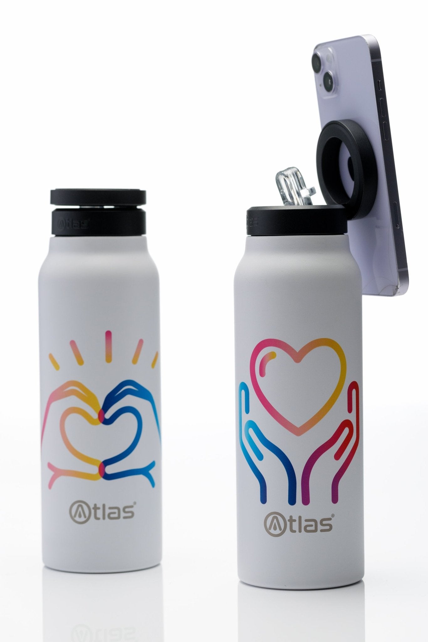 Atlas Hydrate 24oz Phone Mount Flask - White | National Autistic Society x Tom Malone Jr. Edition | Atlas Hydrate - Smart Magnetic Reusable Stainless - Steel Water Bottle with Phone Mount | Sustainable Lifestyle Hydration Flask UK