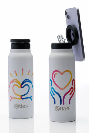 Atlas Hydrate 24oz Phone Mount Flask - White | National Autistic Society x Tom Malone Jr. Edition | Atlas Hydrate - Smart Magnetic Reusable Stainless - Steel Water Bottle with Phone Mount | Sustainable Lifestyle Hydration Flask UK