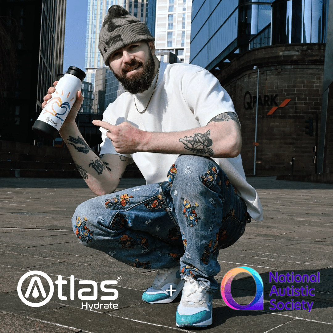 Atlas Hydrate 24oz Phone Mount Flask - White | National Autistic Society x Tom Malone Jr. Edition | Atlas Hydrate - Smart Magnetic Reusable Stainless - Steel Water Bottle with Phone Mount | Sustainable Hydration Flask UK