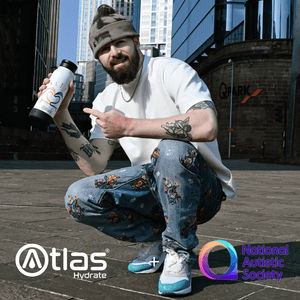 Atlas Hydrate 24oz Phone Mount Flask - White | National Autistic Society x Tom Malone Jr. Edition | Atlas Hydrate - Smart Magnetic Reusable Stainless - Steel Water Bottle with Phone Mount | Sustainable Hydration Flask UK